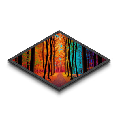 Chromatic Forest Path – Diamond Shaped Rainbow Woodland Trail Canvas Art Print with autumn trees, vibrant color spectrum, surreal landscape