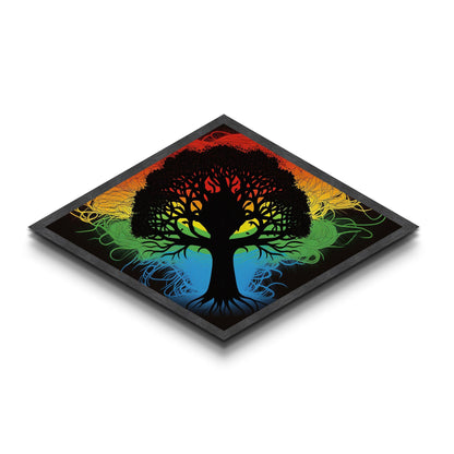 Prism Tree of Life – Diamond Shaped Rainbow Roots Silhouette Canvas Art Print with psychedelic tree, colorful energy, and abstract style
