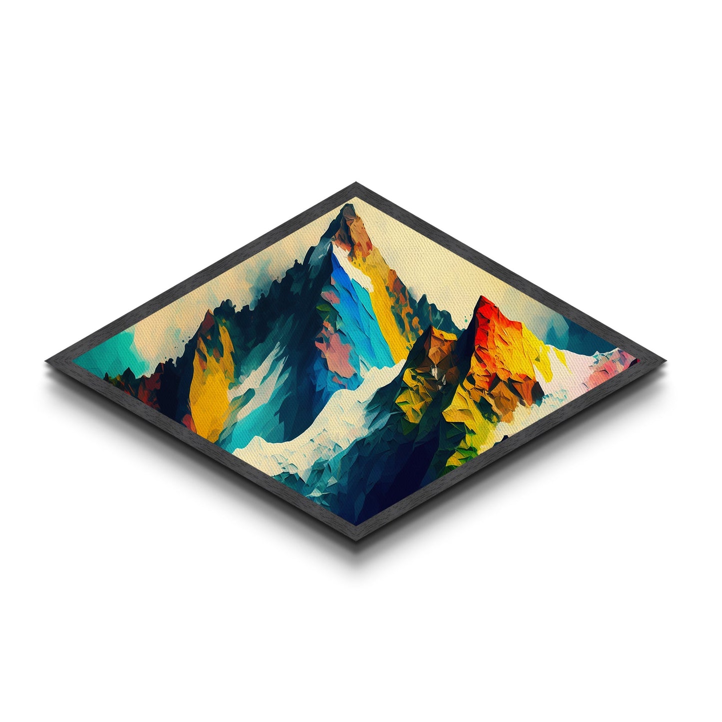 Kristalline Alpen – Rautenförmiger abstrakter Regenbogengipfel-Leinwanddruck mit polygonalem Bergpanorama und kräftigen geometrischen Strichen