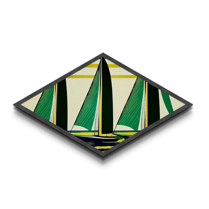 Abstract Sail Wind – Diamond Shaped Canvas Textured Print with retro sailboat geometry, green yellow nautical minimalist coastal theme