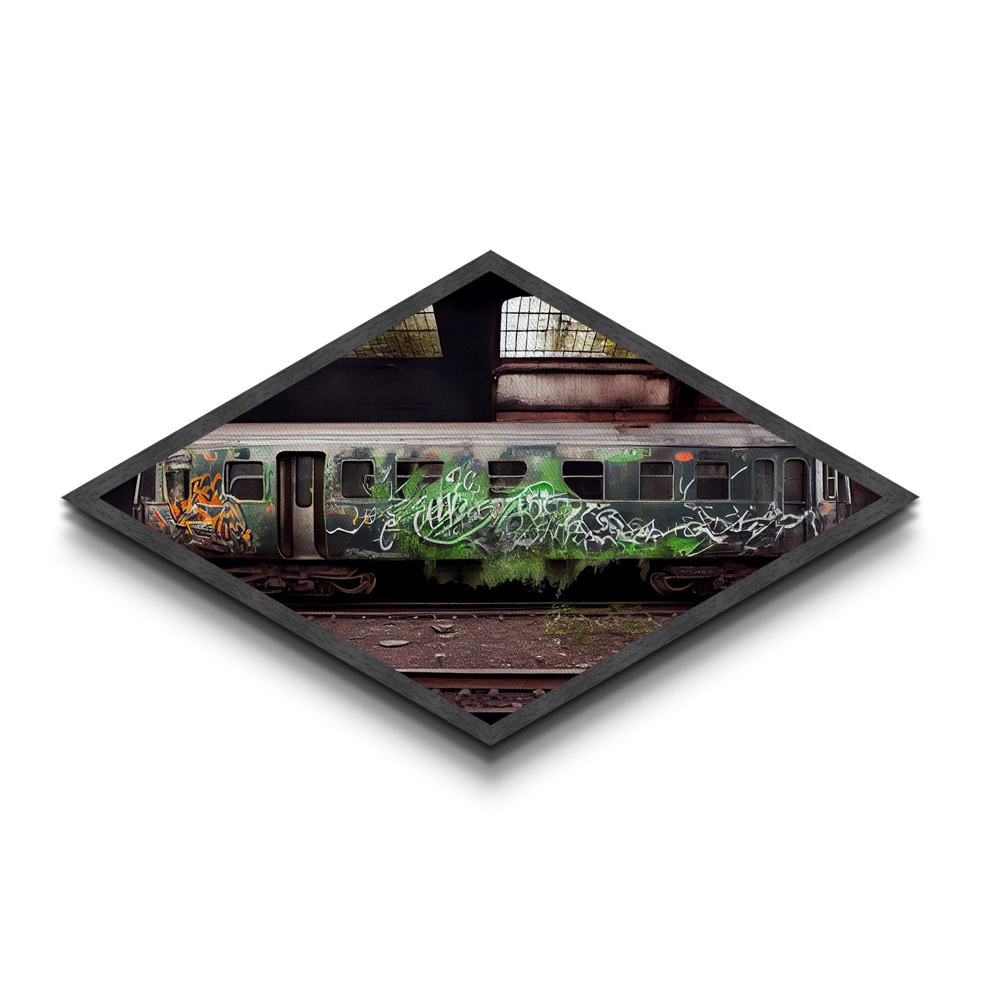 Graffiti Train Scene – Diamond Shaped Canvas Art Print with abandoned urban train, grunge graffiti photography, street art inspired wall piece