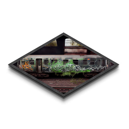 Graffiti Train Scene – Diamond Shaped Canvas Art Print with abandoned urban train, grunge graffiti photography, street art inspired wall piece