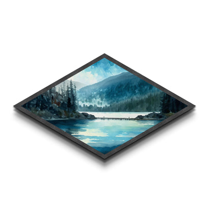 Misty Lake Retreat – Diamond Shaped Canvas Textured Print with tranquil blue waters, evergreen reflection scene, peaceful nature wall art