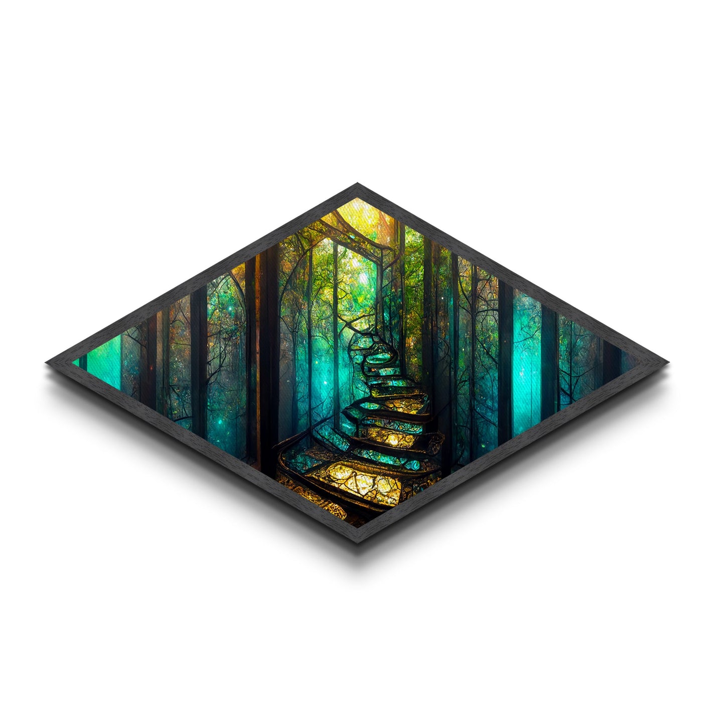 Magic Forest Portal Diamond Shaped Canvas Textured Print, fantasy woodland entrance art, colorful ethereal tree landscape print