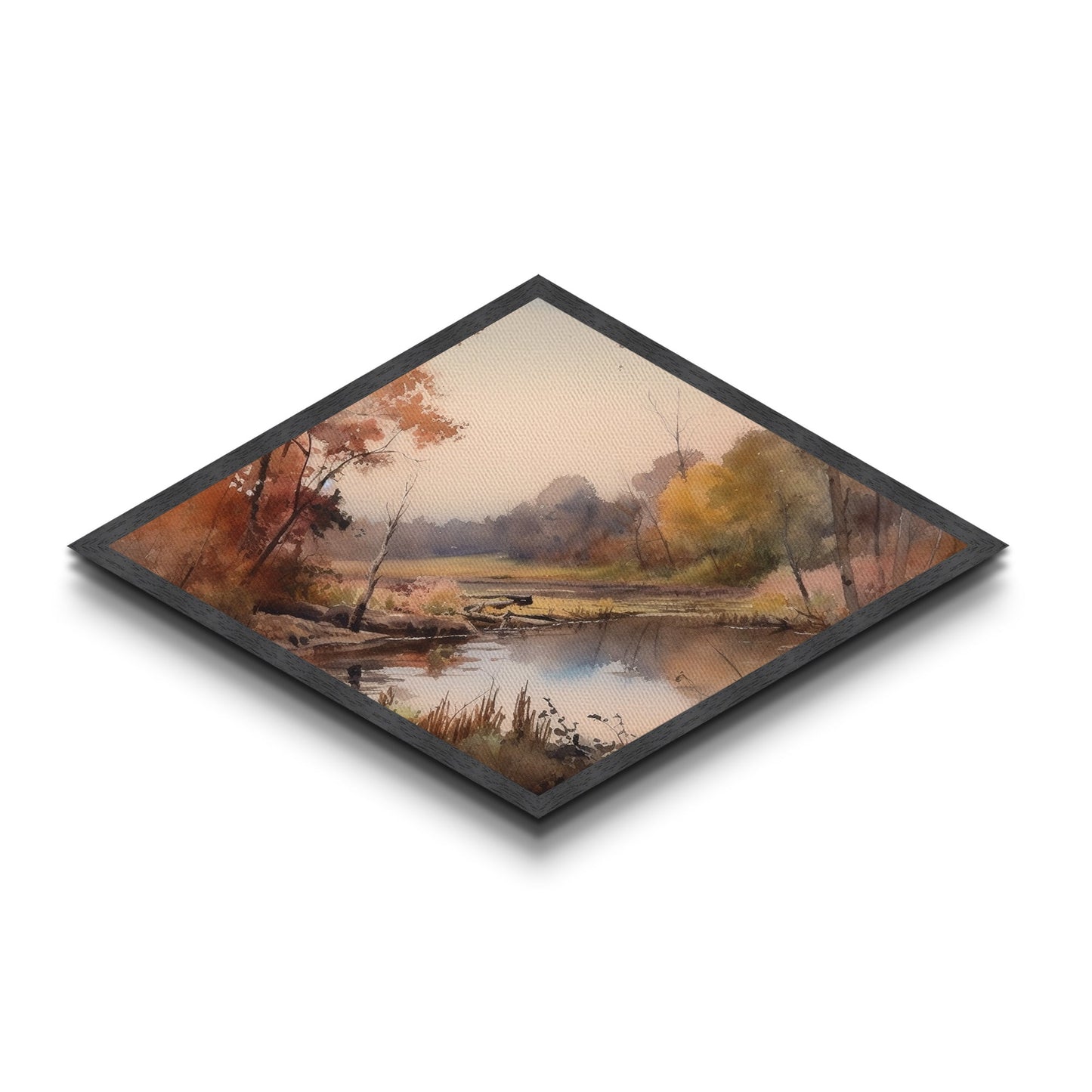 Woodland Reflections – Diamond Shaped Canvas Textured Print, Fall Forest Art, Water Scene Accent, Cozy Home Nature Wall Decor
