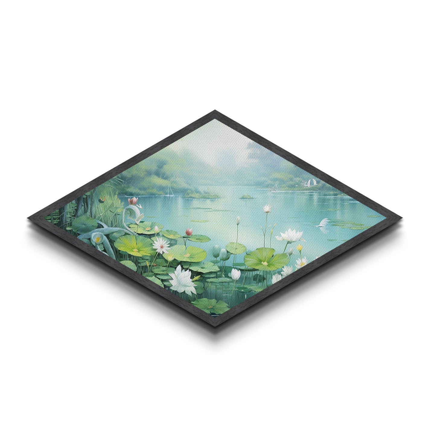 Tranquil Lily Pond Diamond Shaped Canvas Textured Print with peaceful lotus flowers, lake landscape art, spa room wall decoration