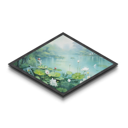 Tranquil Lily Pond Diamond Shaped Canvas Textured Print with peaceful lotus flowers, lake landscape art, spa room wall decoration