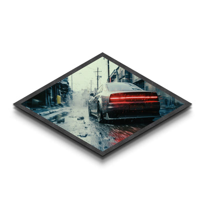 Diamond Shaped Street Racer – Canvas Art Print with Gritty Urban Car Scene, Dark City Decor, Automotive Gift, Man Cave Wall Art