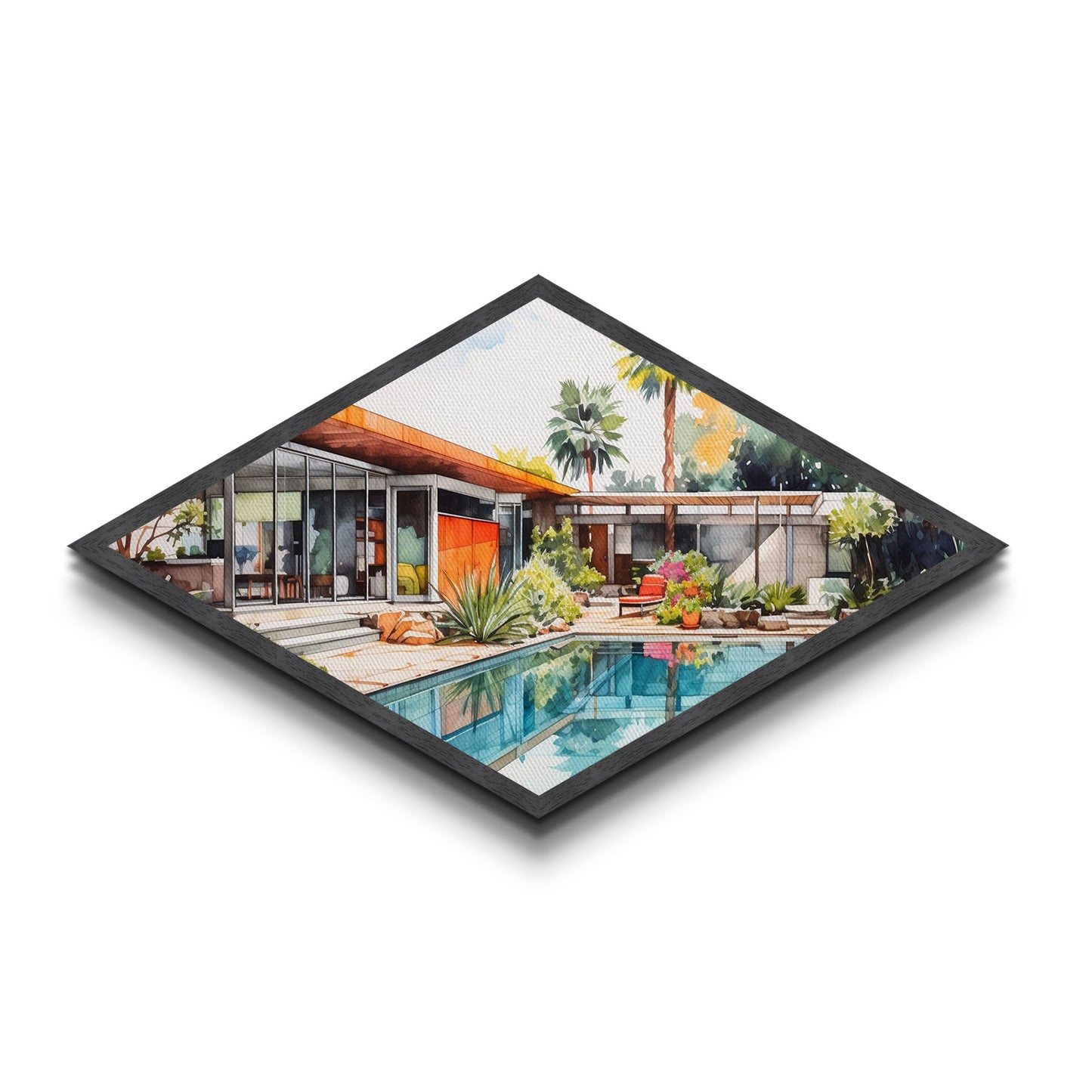 Midcentury Oasis Retreat Diamond Shaped Modern Home Canvas Art Print poolside bungalow retro palm springs architectural wall decor