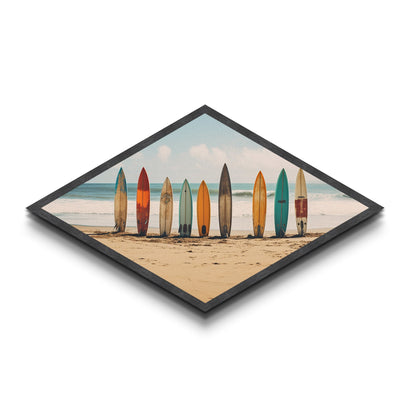 Coastal Surf Vibes Diamond Shaped Beach Canvas Art Print surfboards ocean retro seaside summer surf shack boho wall decor gift idea