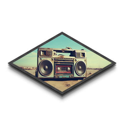 Boombox On Beach Diamond Shaped retro music lover Canvas Textured Print nostalgic 80s vibe beach sound decor man cave or dorm art