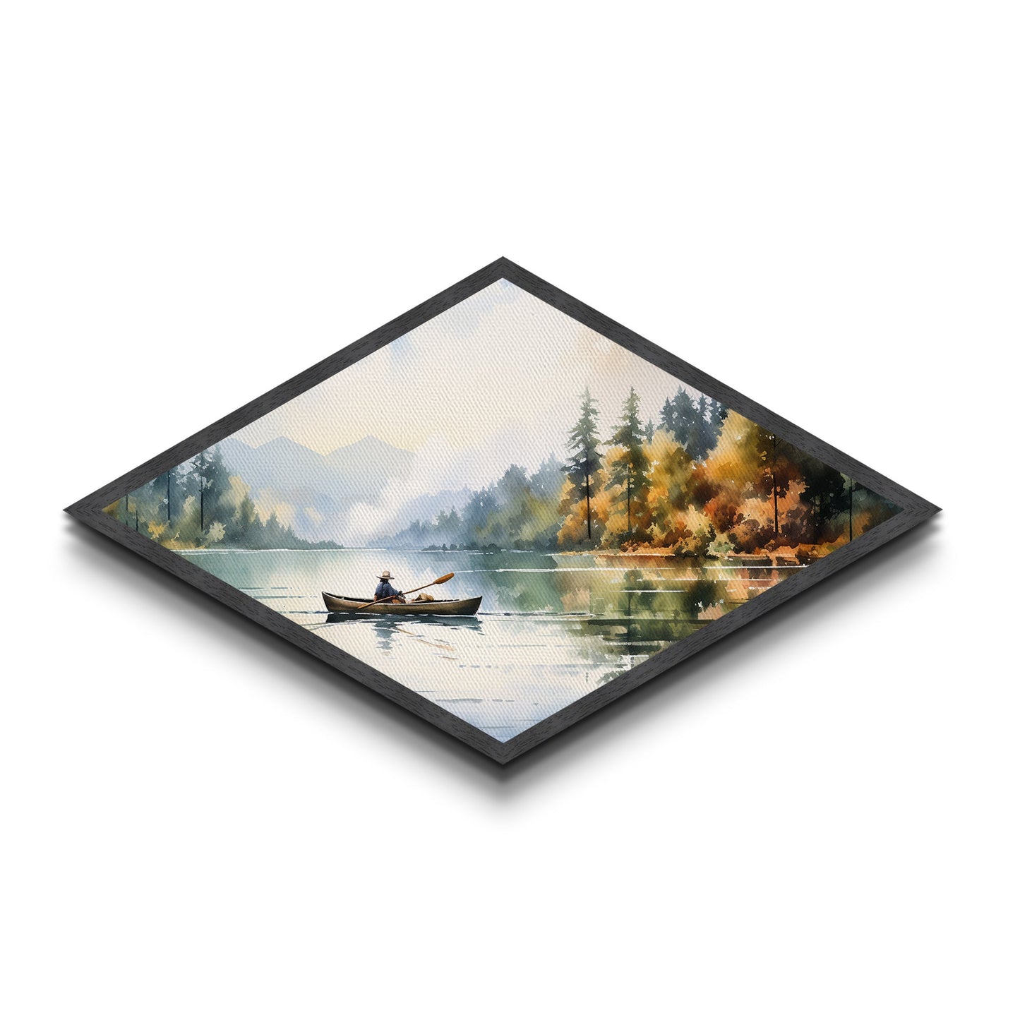 Peaceful Canoe Morning Diamond Shaped watercolor lake art Canvas Textured Print nature inspired calming space cabin or retreat gift