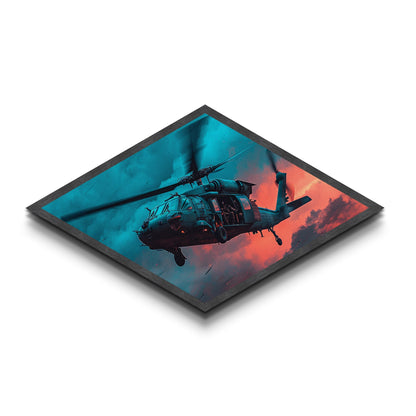 Midnight Drop Mission — Diamond Shaped Canvas Art Print helicopter military decor, stormy sky artwork, man cave or office statement