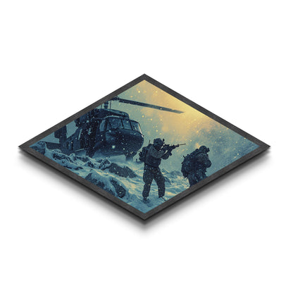 Snowfield Deployment — Diamond Shaped Canvas Textured Print army winter ops wall art, soldier gift, rustic adventure lodge accent