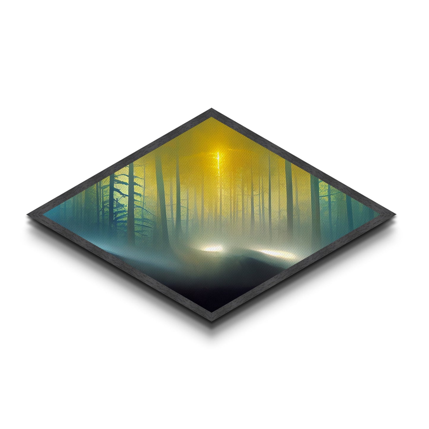 Forest Glow Tranquility Diamond Shaped Canvas Art Print, Misty Pines Sunrise Landscape Wall Decor, Nature Inspired Zen Room Accent