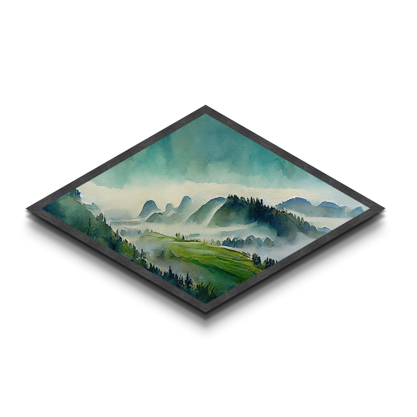 Watercolor Hills Serenity Diamond Shaped Canvas Textured Print, Misty Mountains Landscape Wall Decor, Tranquil Pastel Green Tones