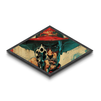 Western Gunman Gaze Diamond Shaped Canvas Embossed Print Pop Art Cowboy Portrait Bold Americana Wall Decor Man Cave Accent