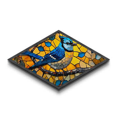 Stained Glass Bluejay Diamond Shaped Canvas Textured Print Bird Art Sunlit Window Look Nature Lover Gift Rustic Home Decor