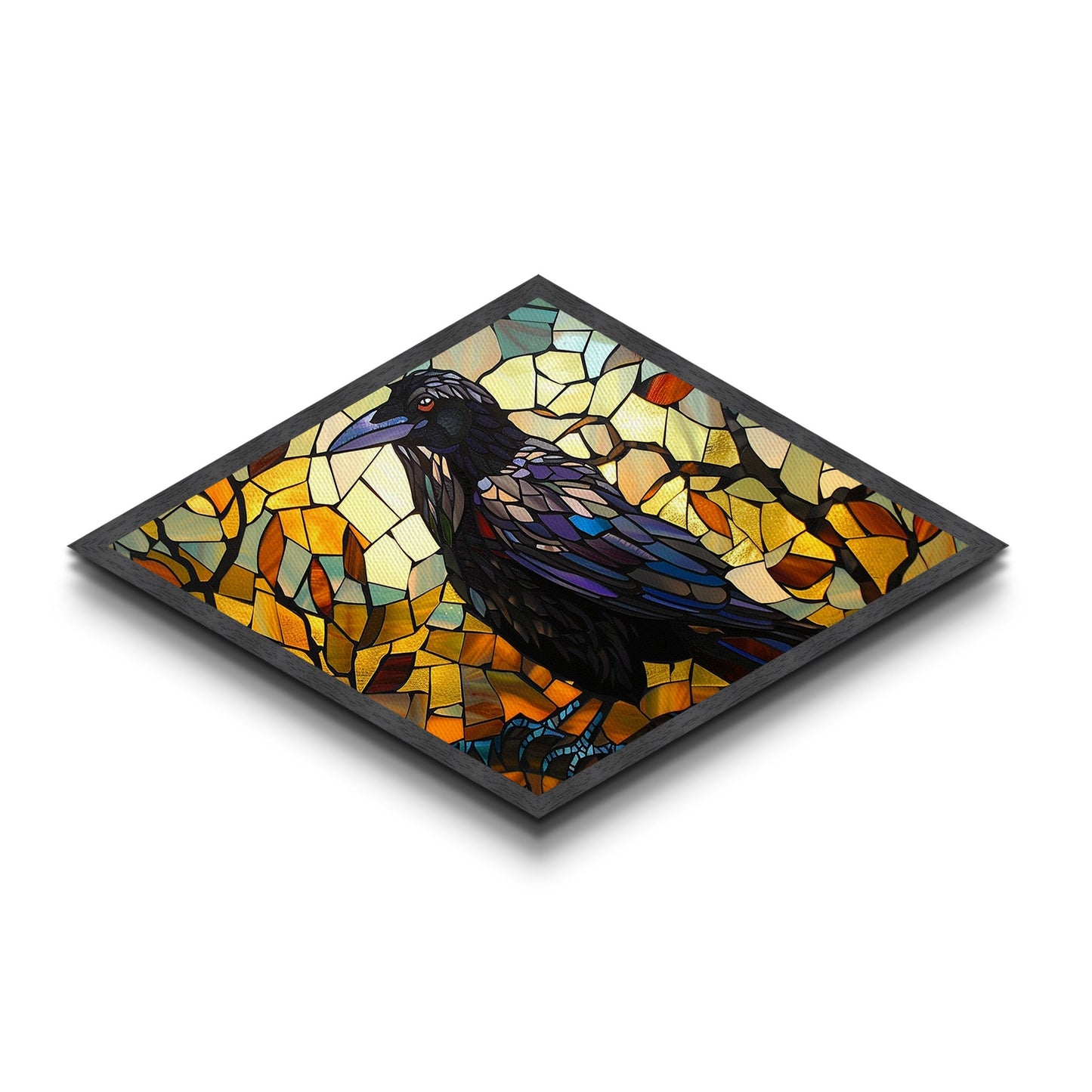 Raven Glass Shadows Diamond Shaped Canvas Art Print Stained Glass Crow Art Autumn Color Wall Decor Halloween Gothic Aesthetic