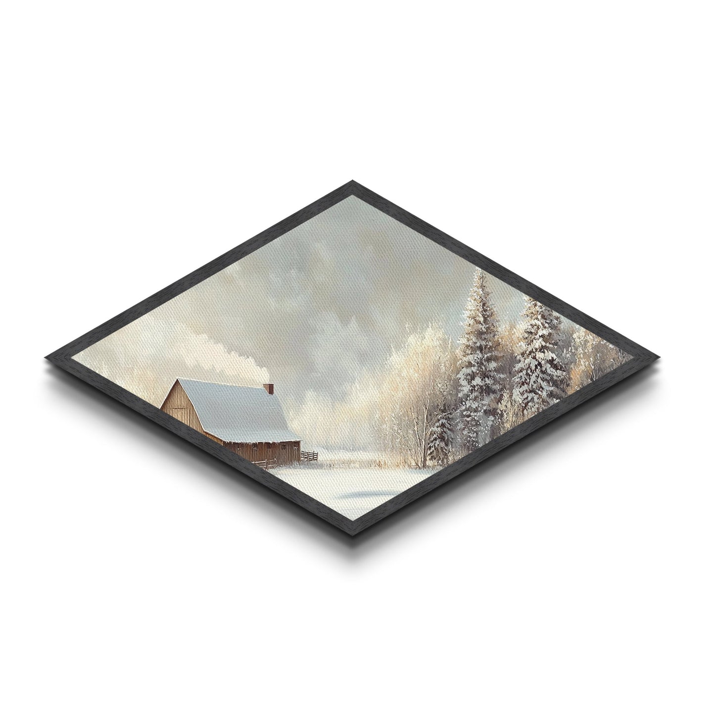 Snowy Cabin Peace – Diamond Shaped Canvas Textured Print rustic winter scene landscape wall art cozy Christmas lodge aesthetic decor