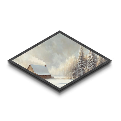 Snowy Cabin Peace – Diamond Shaped Canvas Textured Print rustic winter scene landscape wall art cozy Christmas lodge aesthetic decor