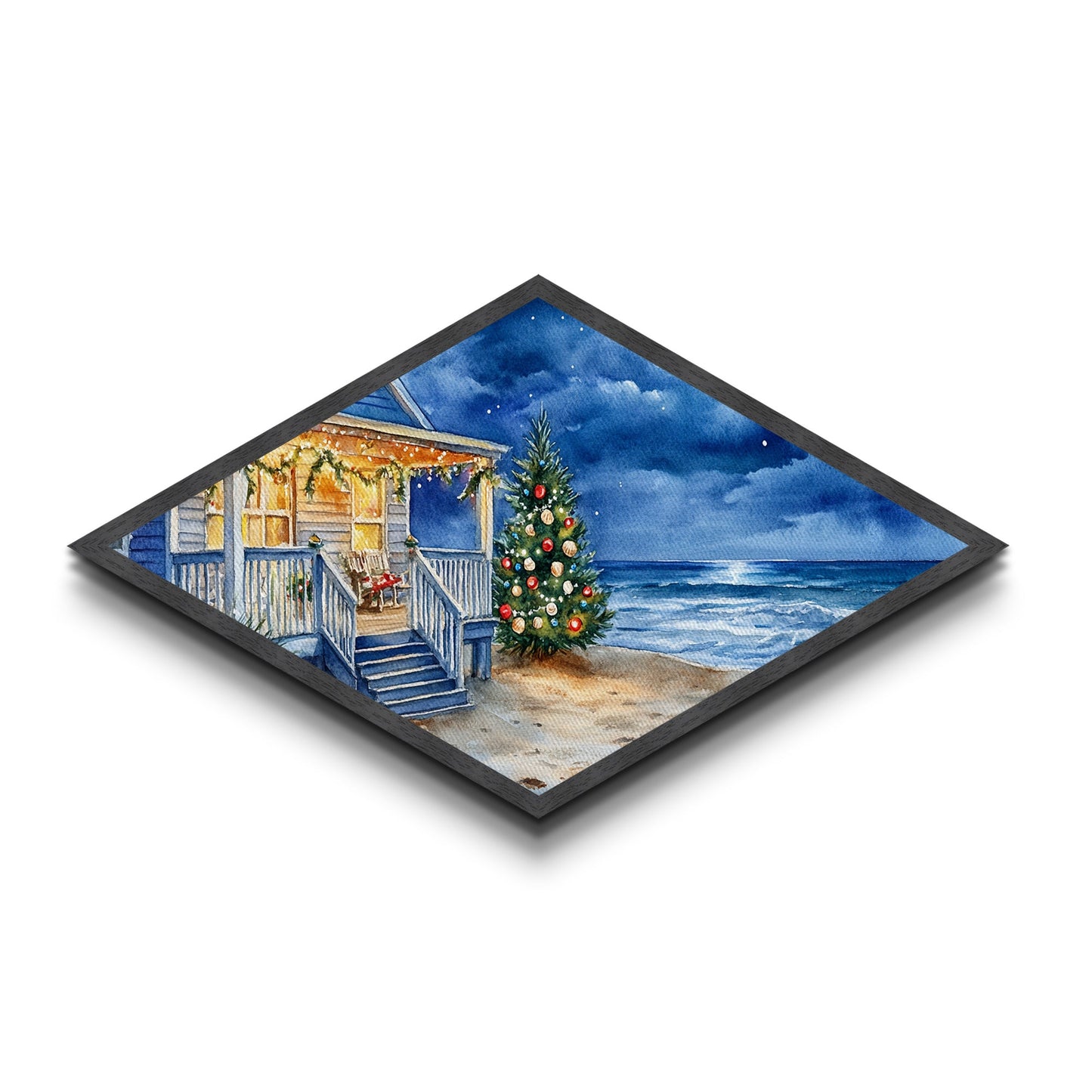 Coastal Christmas – Diamond Shaped Canvas Textured Print holiday beach house watercolor art oceanfront winter tree porch night scene