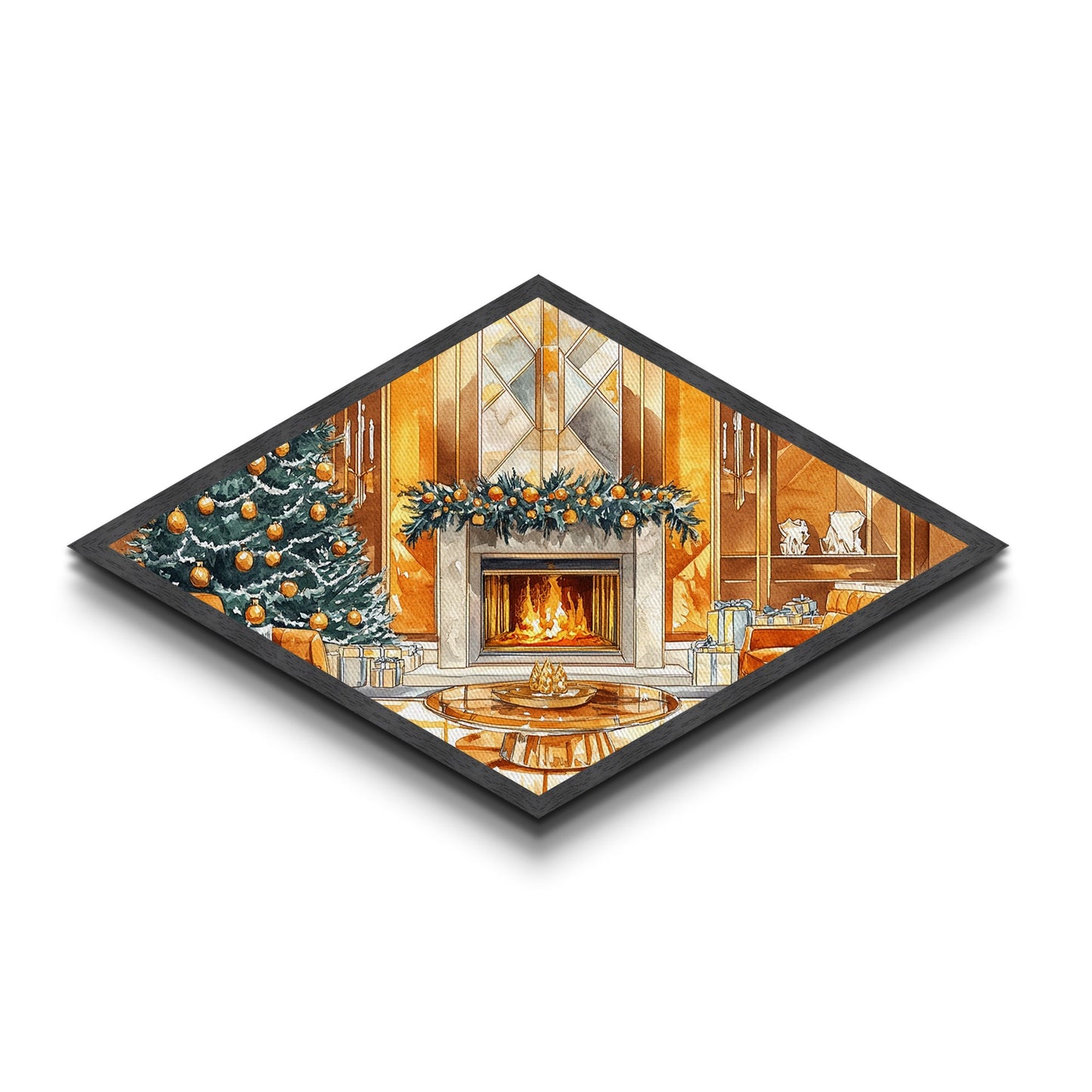 Festive Hearth – Diamond Shaped Canvas Textured Print cozy Christmas interior holiday fireplace art living room seasonal winter decor