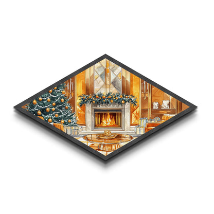 Festive Hearth – Diamond Shaped Canvas Textured Print cozy Christmas interior holiday fireplace art living room seasonal winter decor