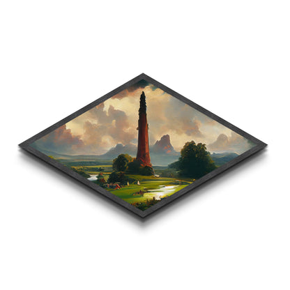 Towering Realm Scene Diamond Shaped Canvas Art Print, Mythic Landscape Fantasy Wall Decor, Romanticism Style Magical Nature View