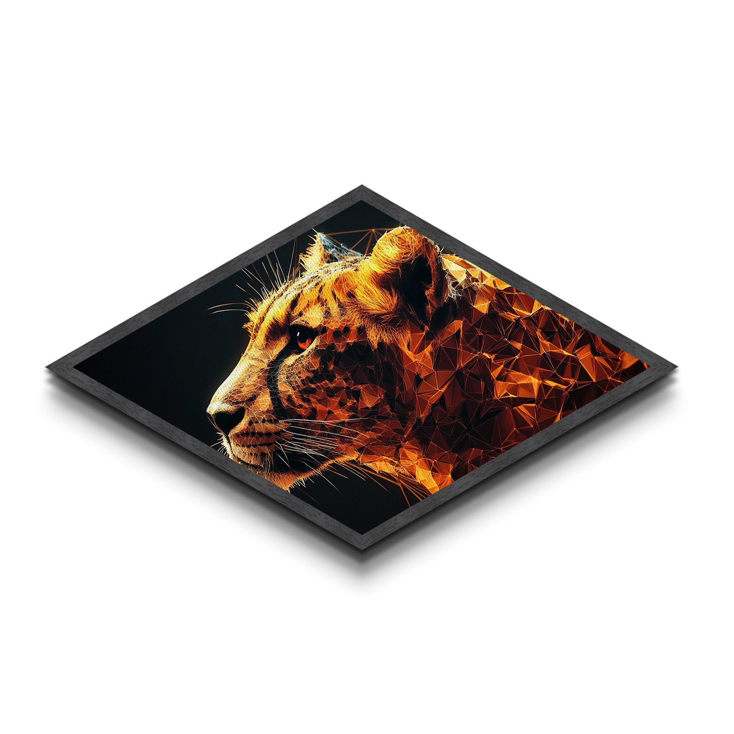 Prismatic Tiger Tech Diamond Shaped Canvas Embossed Print futuristic animal artwork digital geometric wild cat bedroom den or gamer wall piece
