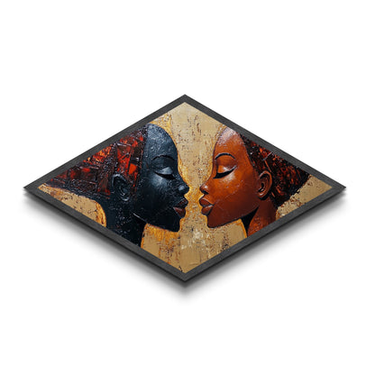 Radiant Unity - Diamond Shaped Canvas Embossed Print Modern Afrocentric Art Bedroom Wall Decor Couple Gift Bold Abstract Expression
