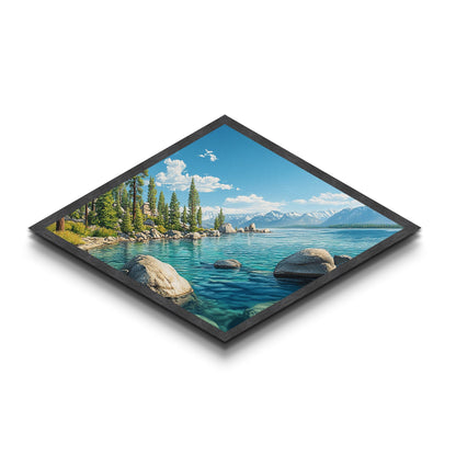 Alpine Stillness - Diamond Shaped Canvas Art Print Mountain Lake Nature Decor Rustic Lodge Wall Accent Peaceful Retreat Landscape