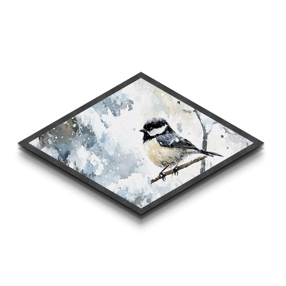 Winter Perch - Diamond Shaped Canvas Textured Print Snowy Bird Wall Art Woodland Wildlife Christmas Cabin Nature Room Accent