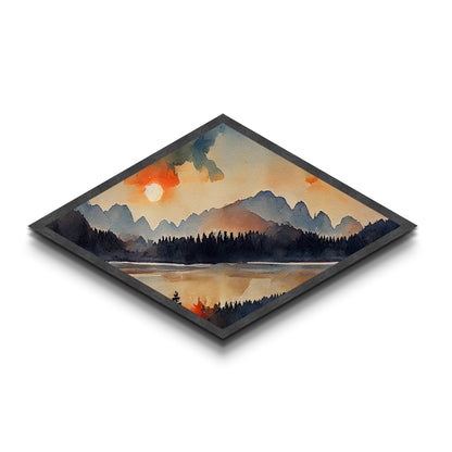 Sunset Over The Smoky Mountains, Diamond Shaped Art Print, Watercolor Landscape Painting, Nature Decor, Canvas Texture Art Print