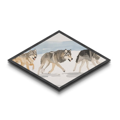 Wolf Pack In The Snow, Framed Canvas Print, Beautiful Watercolor Painting Of Wolves, Canvas Art Print, Diamond Shaped Art