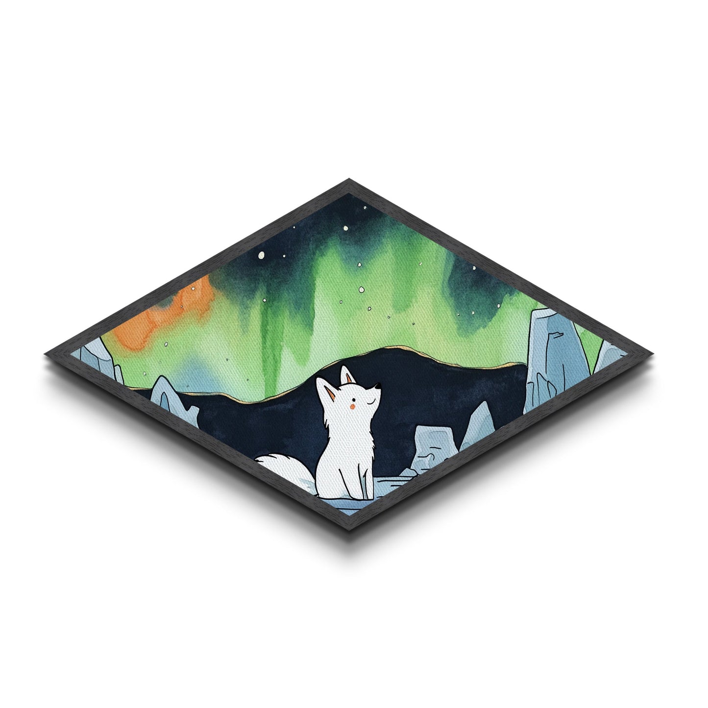 Cute Wolf Cub Under The Northern Lights, Diamond Shaped Canvas Texture Art Print, Coastal Boho Decor