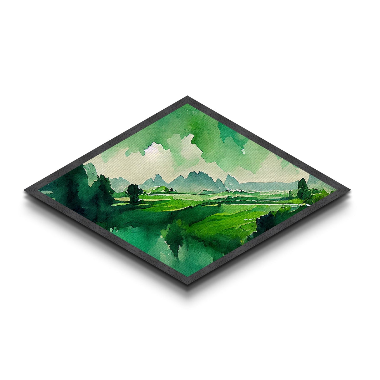 Verdant Horizon Diamond Shaped Landscape Wall Art Canvas Embossed Print Green Mountain Nature Illustration Pastoral Home Decor Accent