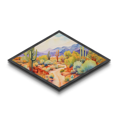 Desert Garden Pathway Diamond Shaped Canvas Embossed Print colorful southwest watercolor cacti art modern boho living room piece