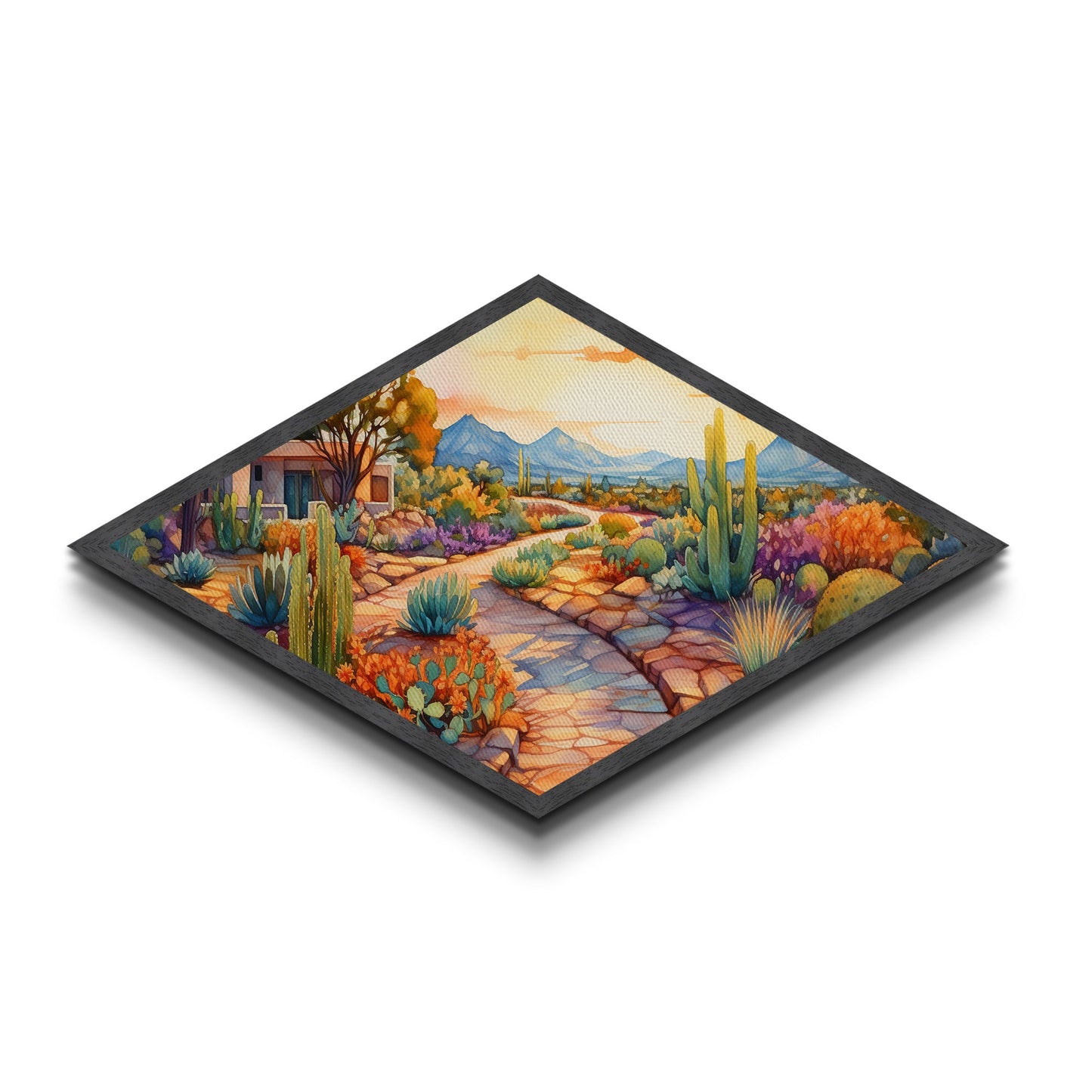 Southwest Garden Retreat Diamond Shaped Canvas Art Print desert botanical cacti and succulents colorful landscape art decor accent