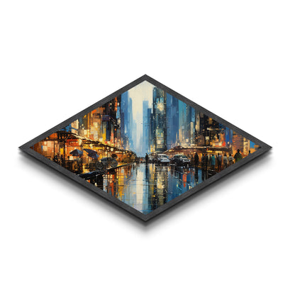 City Street Buzz Diamond Shaped Canvas Embossed Print rainy night urban scene bright lights pedestrians modern cityscape wall decor
