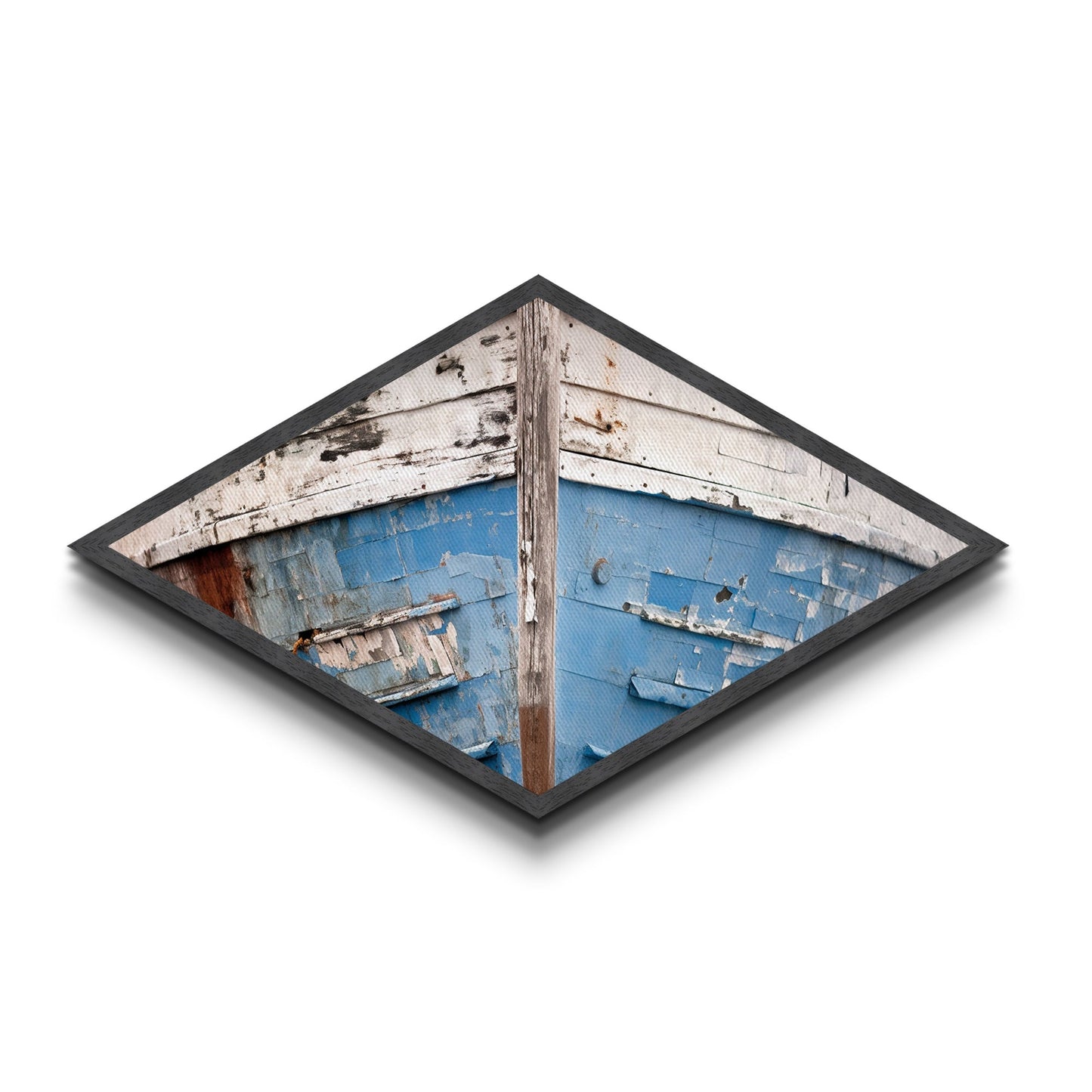 Chipped Boat Nostalgia Diamond Shaped Canvas Embossed Print rustic nautical decor blue white boat hull worn texture seaside wall piece