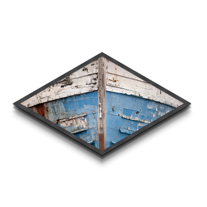 Chipped Boat Nostalgia Diamond Shaped Canvas Embossed Print rustic nautical decor blue white boat hull worn texture seaside wall piece