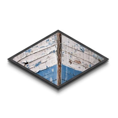 Distressed Vessel Edge Diamond Shaped Canvas Art Print coastal ship hull rustic weathered nautical marine decor blue tones boatfront