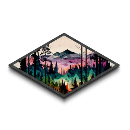 Polygonal Peaks View – Diamond Shaped Geometric Mountain Landscape Canvas Art Print, Nature Forest Sunrise Wall Accent