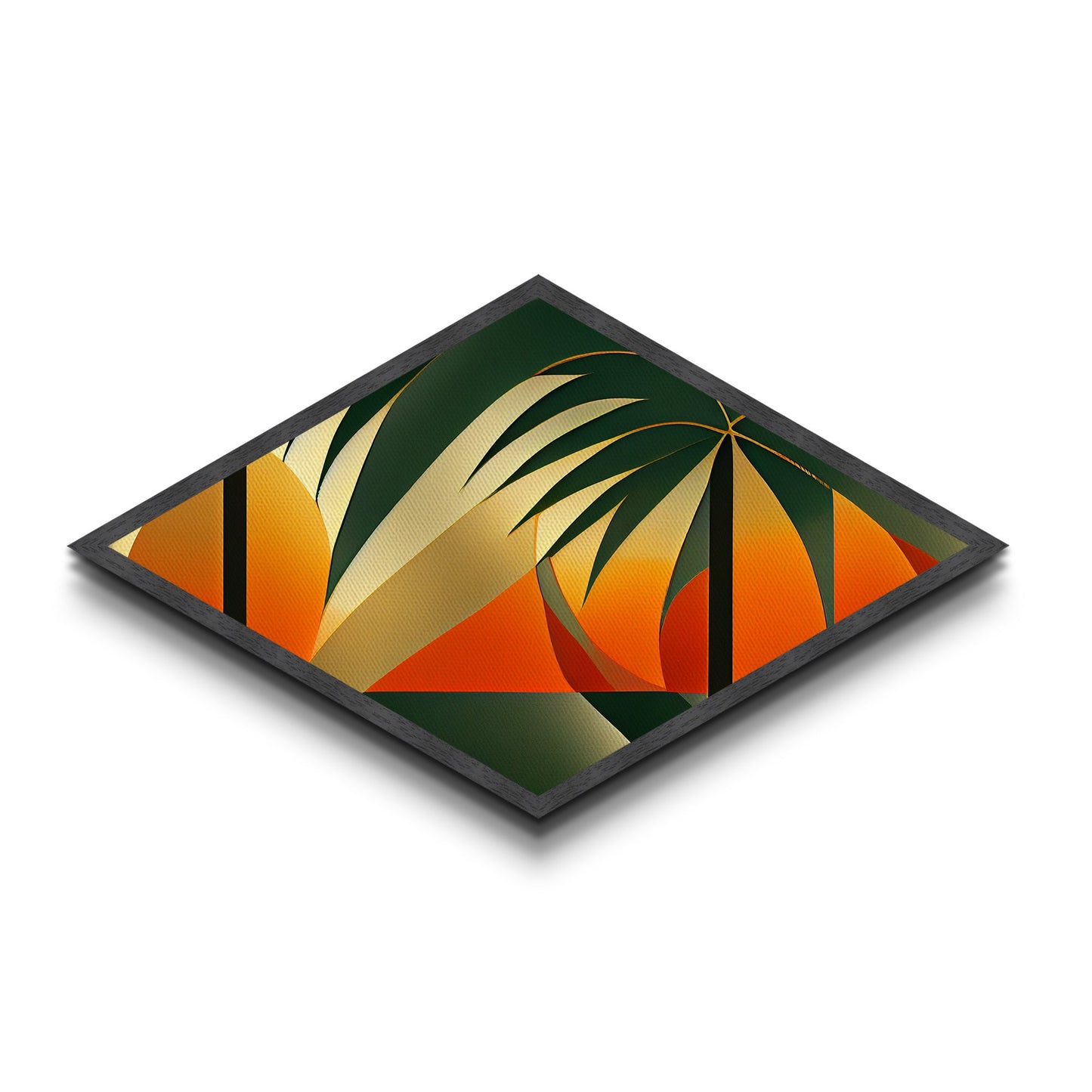 Diamond Shaped Palm Horizon — Tropical Abstract Retro Sunset Canvas Embossed Print, Geometric Island Decor, Bold Beach Theme