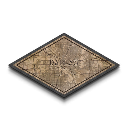 Dallas Diamond Shaped City Map, Custom Diamond Shaped Wall Art, City Map Canvas