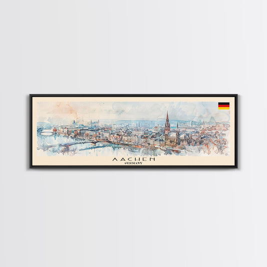 Aachen Germany  Panoramic Travel Poster, Framed Canvas Print or Metal Wall Art, Travel Art, Home Decor, Panoramic Painting, Midcentury Art