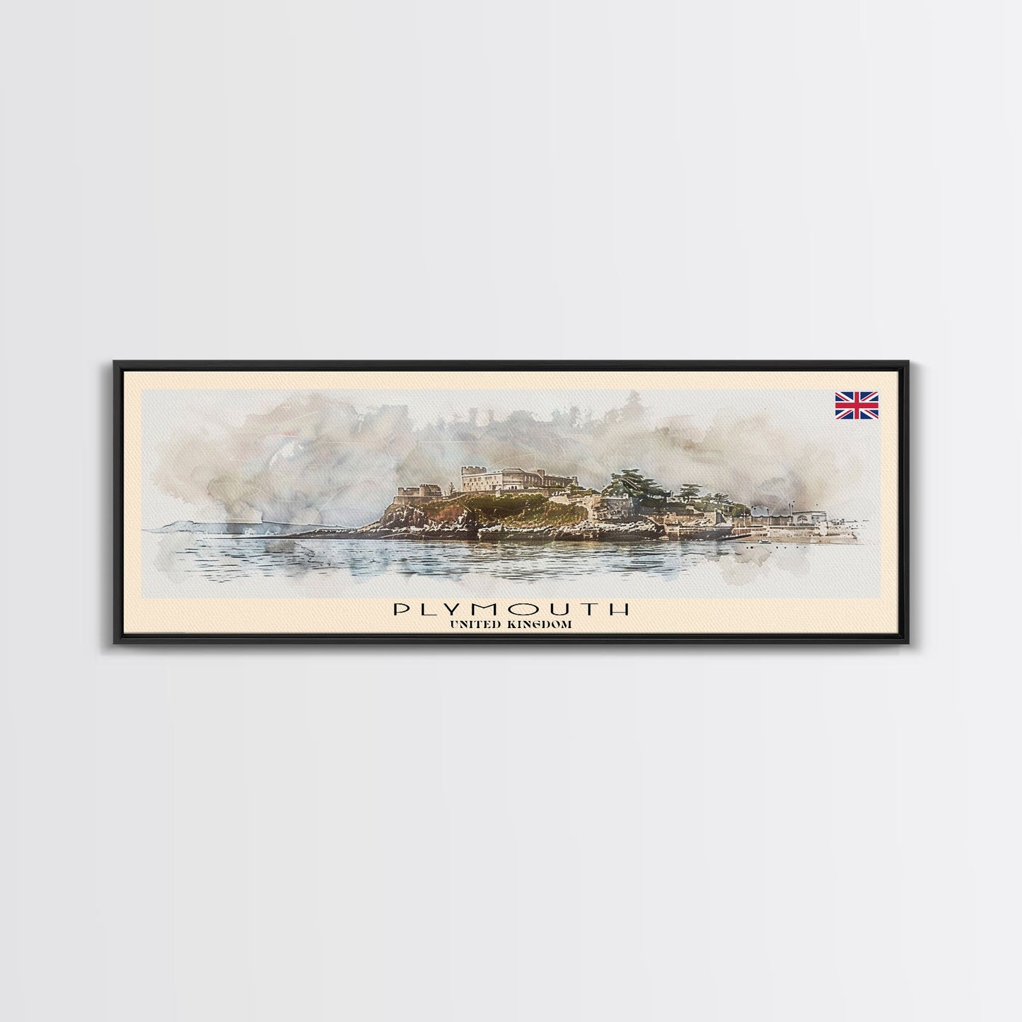 Plymouth United Kingdom Panoramic Travel Poster, Framed Canvas Print or Metal Wall Art, Travel Art, Home Decor, Panoramic Painting, Midcentury Art