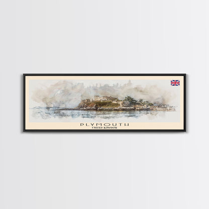 Plymouth United Kingdom Panoramic Travel Poster, Framed Canvas Print or Metal Wall Art, Travel Art, Home Decor, Panoramic Painting, Midcentury Art