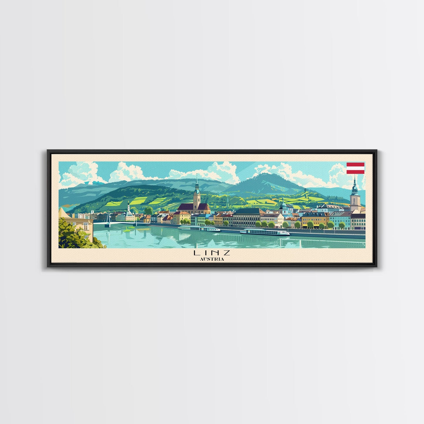 Linz Austria Panoramic Travel Poster, Framed Canvas Print or Metal Wall Art, Travel Art, Home Decor, Panoramic Painting, Midcentury Art